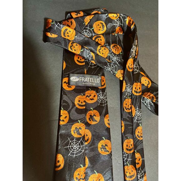 Fratello Halloween Tie Handmade Black Orange Jack-O'-Lantern Spider Web Novelty - Picture 2 of 4